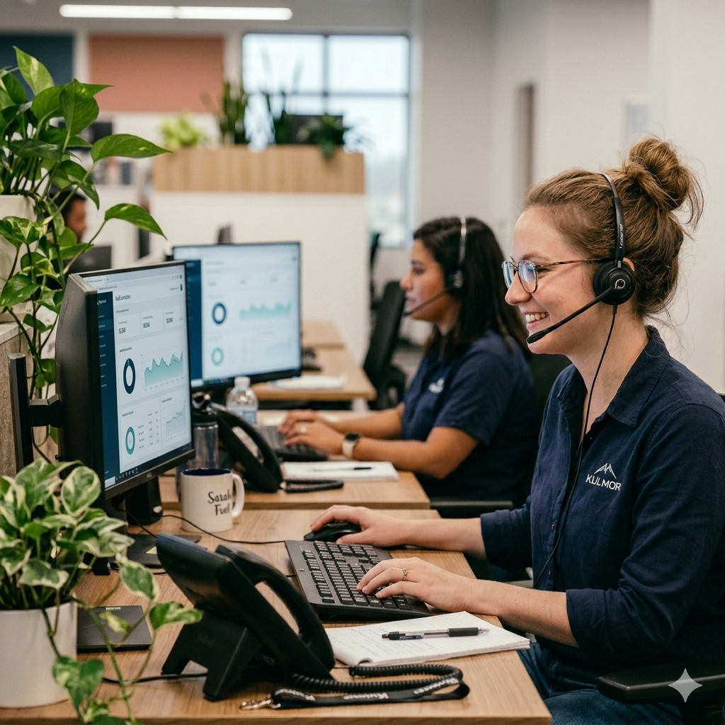 Kulmor Group support agents working at desks with headsets and customer support dashboards.