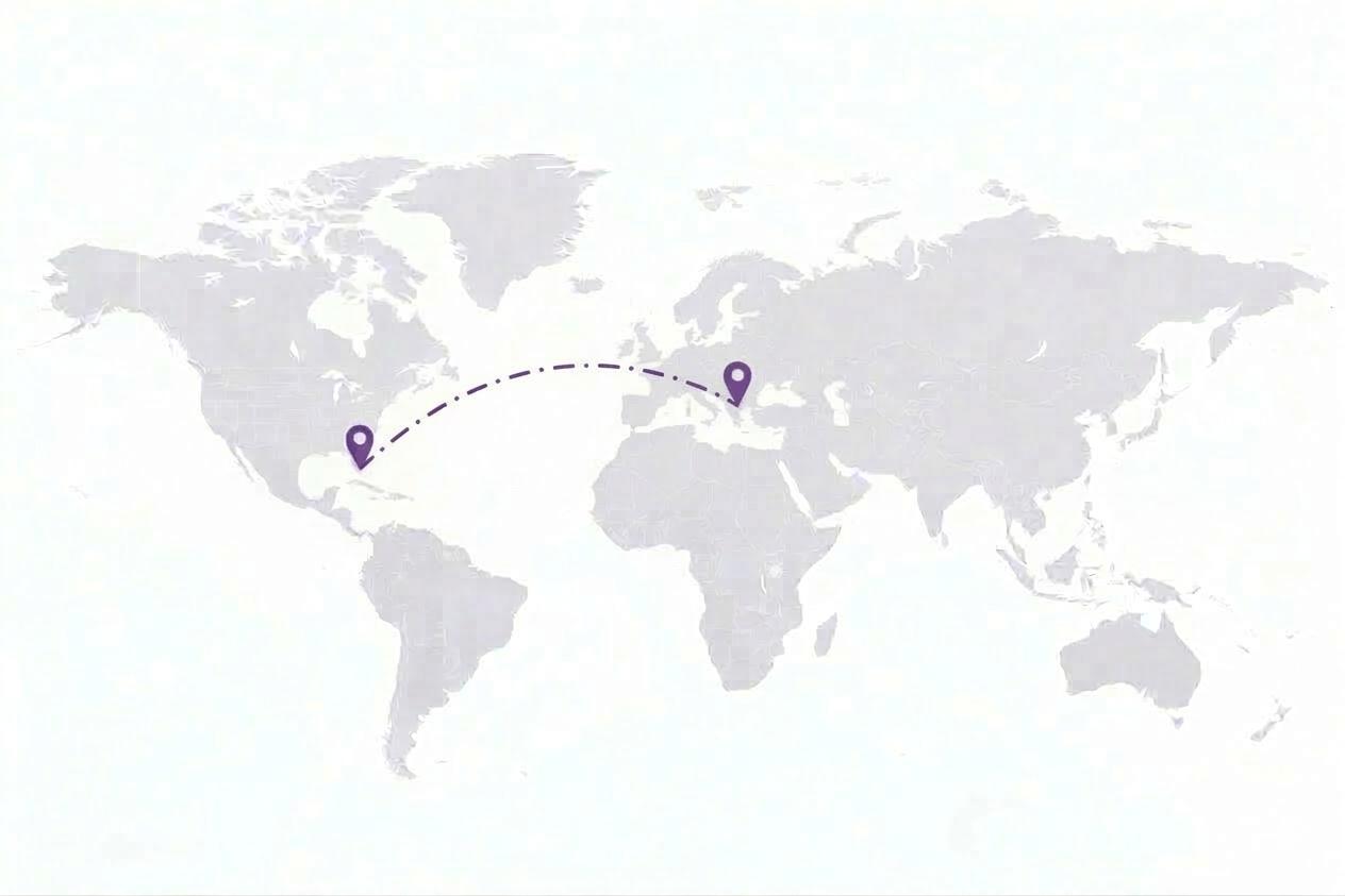 A world map showing the connection between Tampa and Albania.